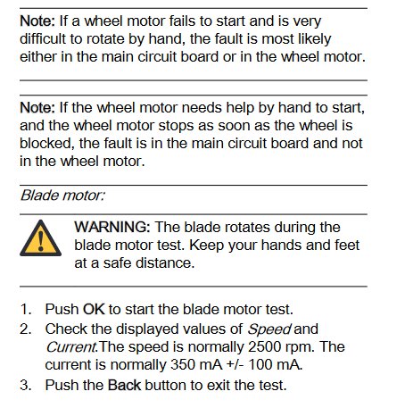 Instruktionsmanual för felökning och motortest av gräsklippare med varningssymbol och steg-för-steg-anvisningar.