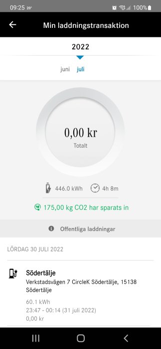 Skärmdump av laddningstransaktion med 0 kr kostnad och detaljer om elanvändning och CO2-besparing.