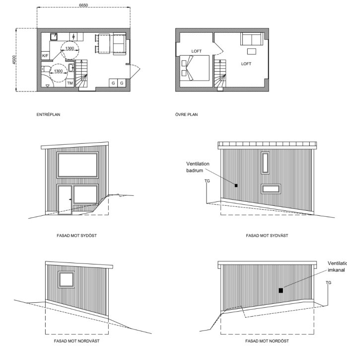 Arkitektritningar av ett hus med planlösning och fyra fasadvyer, utan takgenomföringar.