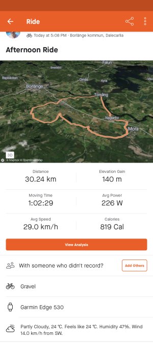 Skärmklipp av en cykeltursdata med karta och statistik såsom distans, tid och kalorier.