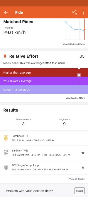 Skärmdump från en cykelprestanda-app som visar matchade turer, relativa ansträngningen och uppnådda resultat.