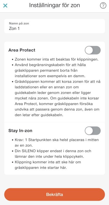 Skärmdump av en app med inställningar för gräsklipparens klippzoner med alternativ för "Area Protect" och "Stay In-zone".