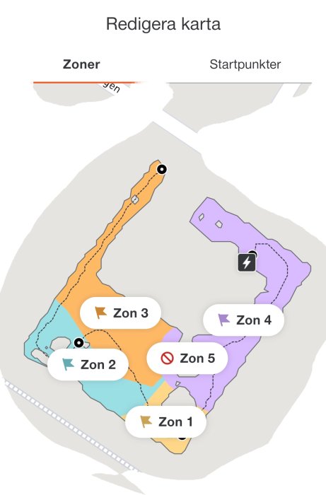 Karta i app med fem markerade zoner för robotgräsklippare, inklusive en no-go zon och startpunkter.