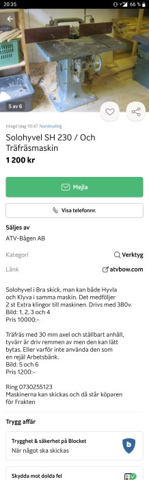 En använd använd solo hyvelmaskin SH 230 med skav och sågspån, synliga slitdetaljer, i verkstadsmiljö.