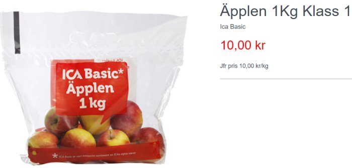 Plastförpackning med 1 kg äpplen från ICA Basic, märkt med pris 10,00 kr/kg.