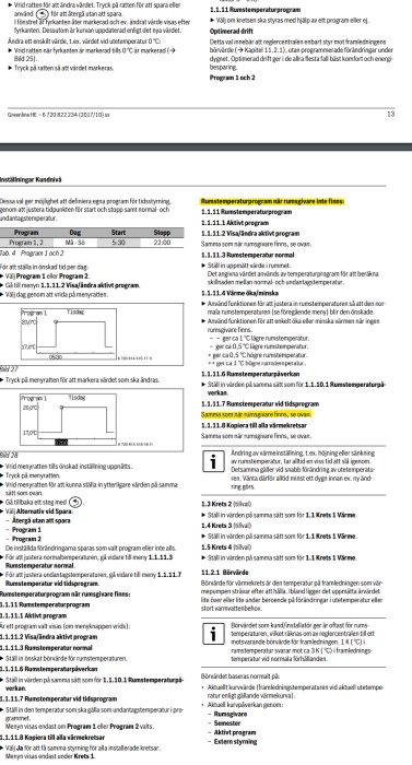 Sida ur manual som visar tidstyrningsfunktioner för värmeinställningar och kretsar, inga bilder på pumpen.