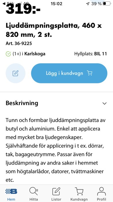 Skärmdump av produktinformation för självhäftande ljuddämpningsplatta från Biltema på en mobil.