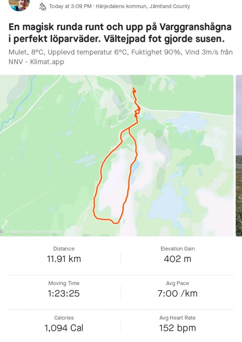 Kartskärmbild som visar en 11.91 km löprunda med höjdprofil och statistik som tid och kaloriförbränning.