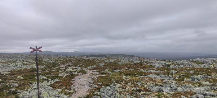 Vandringsled i fjällterräng med röd ledmarkering och molnig himmel.