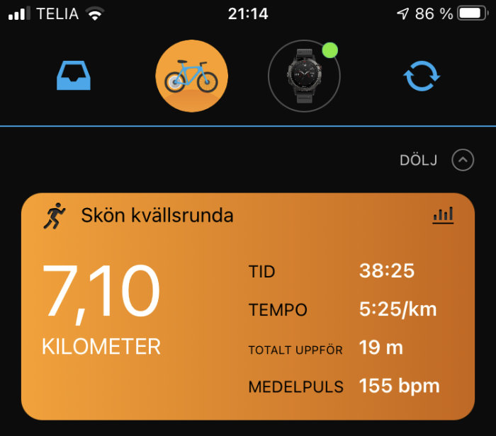 Skärmavbild av en träningsapp som visar data från en löprunda: 7,10 kilometer, tid 38:25, tempo 5:25/km.