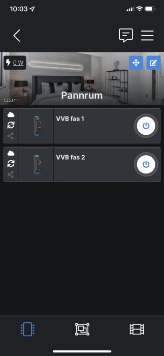Smart hem-appskärm med Shelly 2pro styrning för "Pannrum" och två aktiva VVB faser.