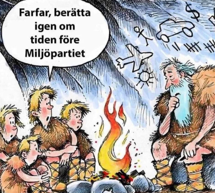 Satirisk tecknad bild av en farfar som berättar för barn vid en eld med forntida symboler i bakgrunden.