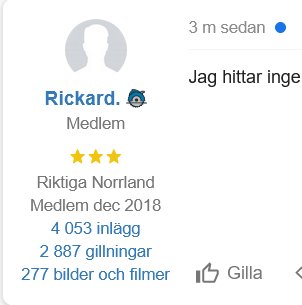 Användarprofil på forum med ikon, namn Rickard, tre stjärnor, antal inlägg och gillningar.