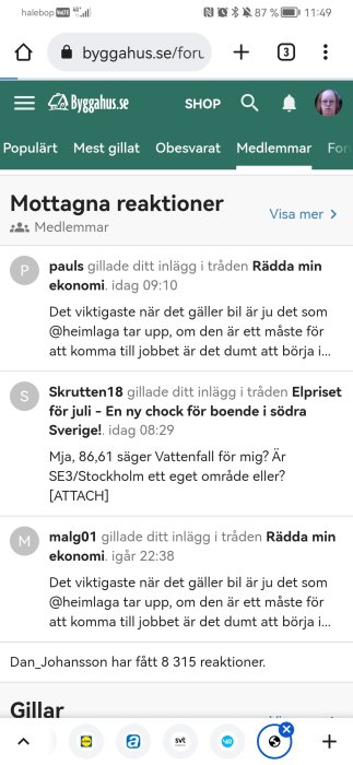 Skärmdump av en mobilvisning på byggahus.se forum med mottagna reaktioner på användarens inlägg.
