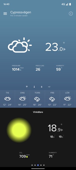 Skärmdump av Netatmo väderapp visar temperatur, lufttryck, väderprognoser och vinkällartemperatur.