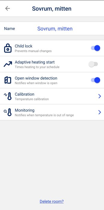 Skärmbild av app med inställningar för smart uppvärmning i sovrum, inkluderar barnlås och fönsterdetektering.
