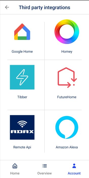 Skärmdump av en app som visar integrationer med tredjeparts system såsom Google Home, Homey, Tibber, FutureHome, Adax och Amazon Alexa.