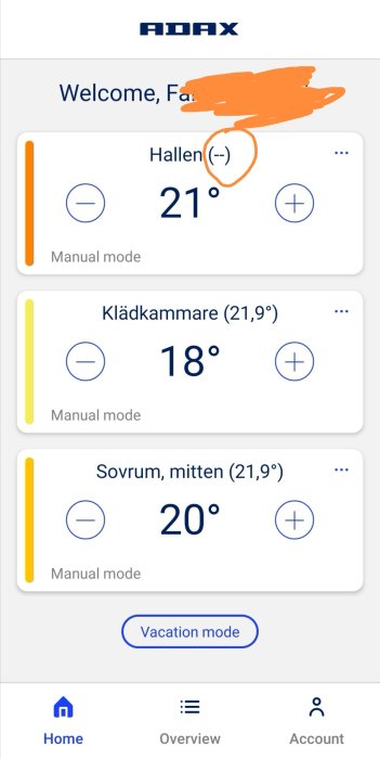 Skärmdump av ADAX app med temperaturinställningar för olika rum och semesterläge aktiverat.