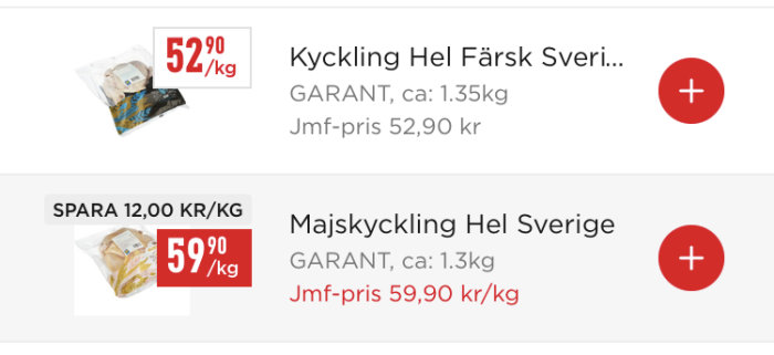 Annonser för fryst hel kyckling och majskyckling med priser och rabattinformation.