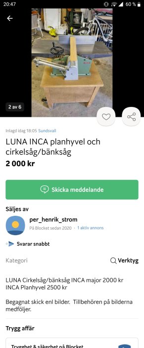 Begagnad LUNA INCA planhyvel på arbetsbänk i en verkstad.