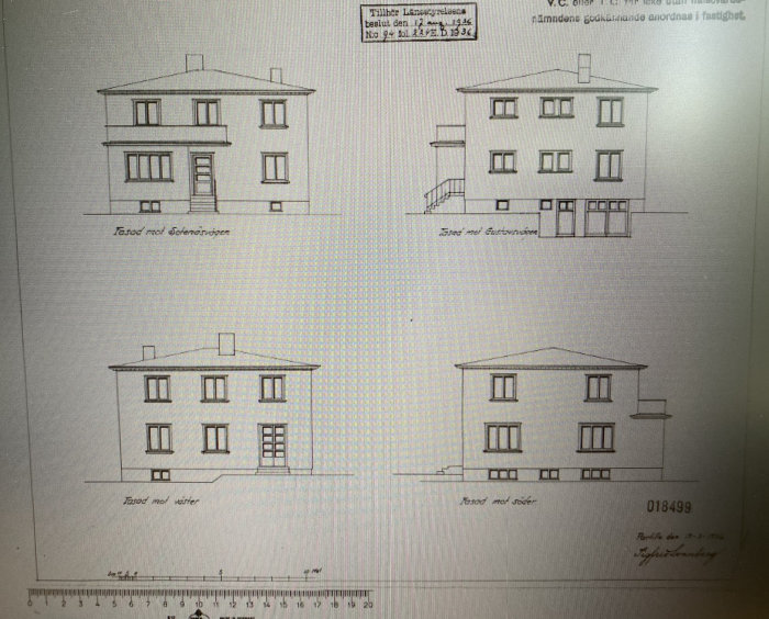 Arkitektritningar av en tvåvåningsvilla från olika vinklar, inklusive fasader med söder- och västervyer.