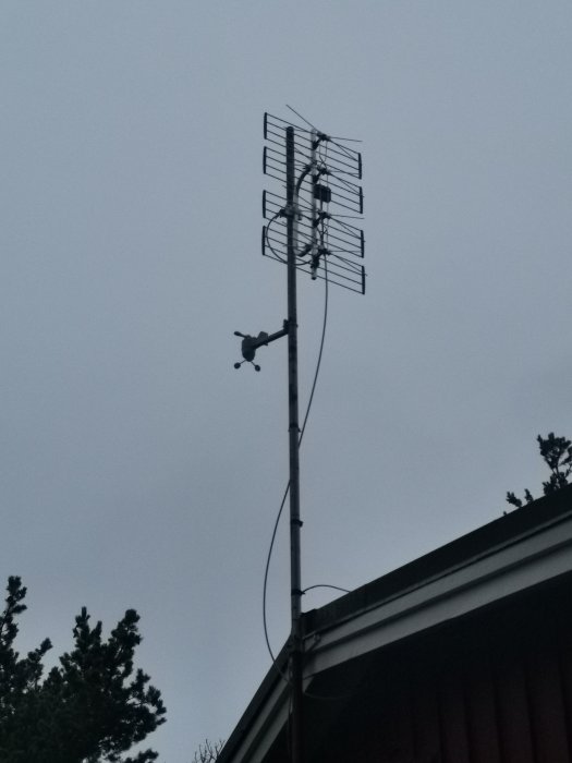 Vindmätare monterad på antennrör ovanför ett hus mot grå himmel.