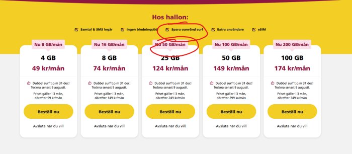 Mobildataabonnemang från Hallon med olika dataalternativ och priser, 25 GB för 124 kr/mån markerat.