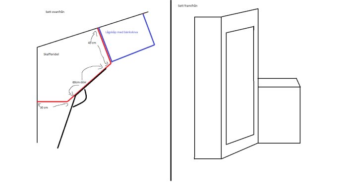 Schematisk ritning av kök sett ovanifrån och framifrån med måttangivelser.