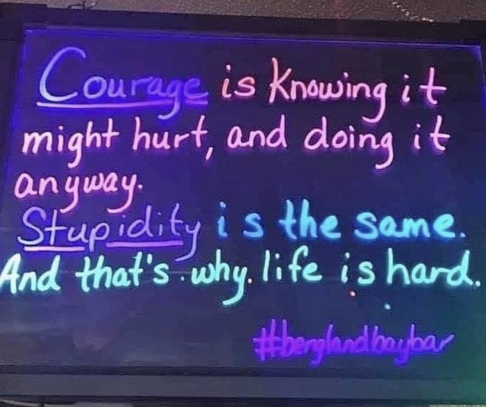 Neonskylt med texten "Courage is knowing it might hurt, and doing it anyway. Stupidity is the same. And that's why life is hard. #berghdubyear