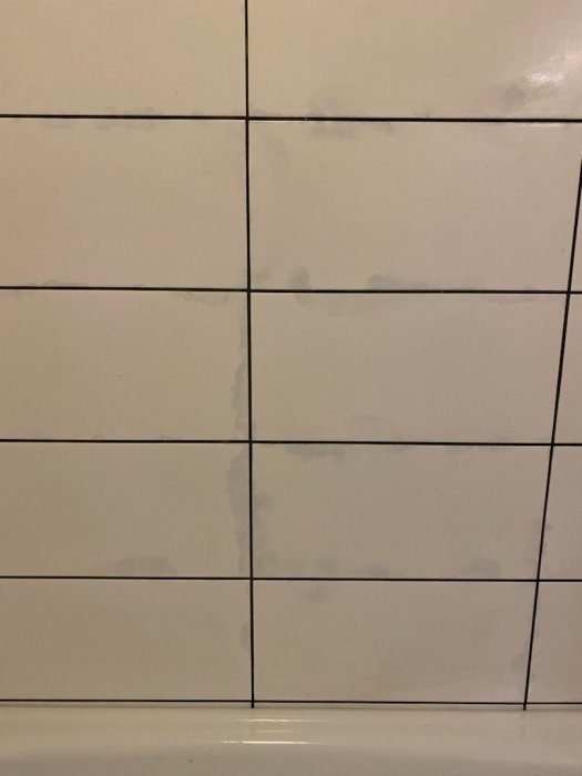 Kakelvägg med vattenskador och mögel ovanför badkarskant.