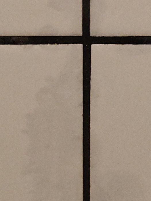 Närbild av vita kakelplattor och svart fog med synligt slitage eller missfärgning.