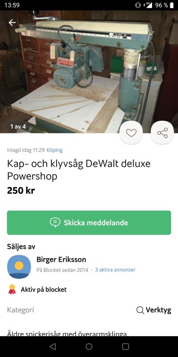 Kap- och klyvsåg DeWalt deluxe Powershop till salu, placerad i ett snickeri med synliga sågspån.