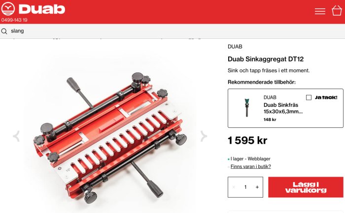 Rött och svart sinkfräsaggregat modellen Duab DT12 visas med priset 1595 kr på webbplatsen.