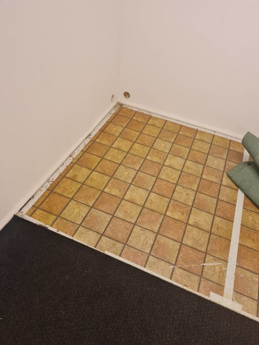 Hörn av ett rum med brun-gulaktiga klinkerplattor intill mörk heltäckningsmatta.