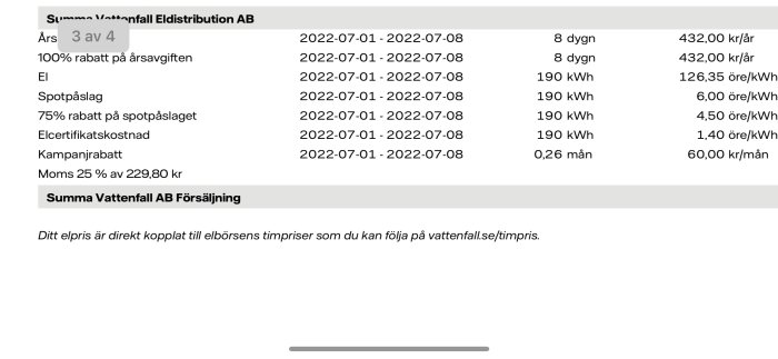 Elräkning med detaljerad specifikation från Vattenfall, inklusive kWh-priser och rabatter.