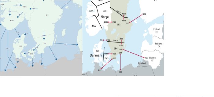 Karta som visar elöverföringskapacitet mellan SE3/SE4 och Europa med siffror för exporterad energi.