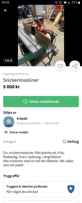 Snickermaskiner till salu, inklusive rikt/planhyvel i verkstadsinställning.