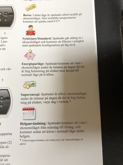 Instruktionsmanual för spa med beskrivning av energisparlägen och ikoner för nybörjare, pengar och kalender.