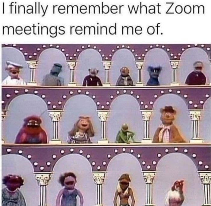 Kollage av Muppet karaktärer i två rader likt videomötesfönster, humoristisk jämförelse med Zoom-möten.