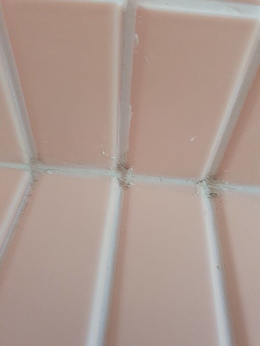 Närbild på rosa kakel med mögel och smuts i fogarna.