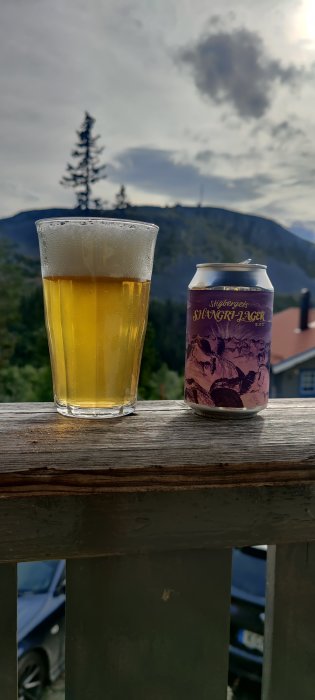 Ett glas öl och en burk med etiketten "Stigbergets SHANGRI-LAGER" mot fjällandskap.