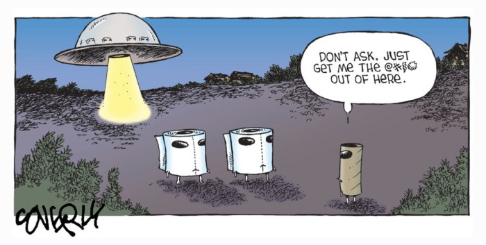 Tecknad bild av illa till mods toalettpappersrullar som betraktar en UFO som bortför en rulle.