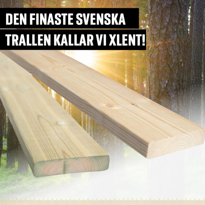 Två trätrallar med texten "Den finaste svenska trallen kallar vi Xlent" mot en bakgrund av skog och solstrålar.