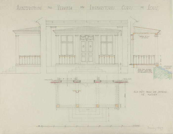 Arkitektritning av Axel Brunskog för ombyggnad av entréparti i nyklassicistisk stil, daterad 1923.