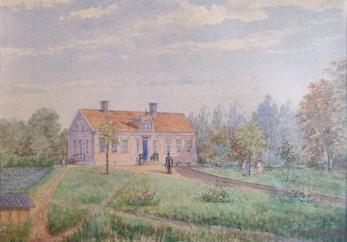 Akvarellmålning av gammalt rosa hus med trädgård, 1880-tal.