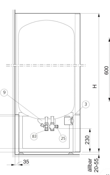 Schematisk ritning av kopplingsrum termostat i värmesystem med beteckningar och måttangivelser.