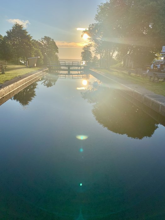 Soluppgång över en stilla pool med reflektioner och träd i bakgrunden.