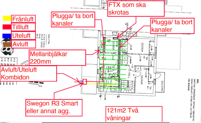 Ritning av en våningsplan med markeringar för ventilationssystem och anvisningar om demontering.