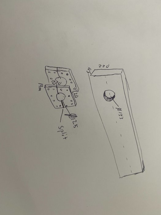 Ritning som visar förstärkning av en MB 220 balk med 19mm plywood på sidorna och skruv.