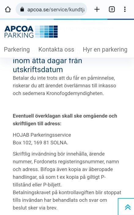 Skärmdump av en webbsida från APCOA PARKING med instruktioner för överklagan av parkeringsavgift.